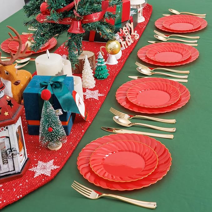 U-QE 100PCS Red Plastic Plates - Heavy Duty Red Plates Disposable for Party with Gold Rim - Include 50PCS 9inch Dinner Plates and 50PCS 6inch Dessert/Salad Plates for Party