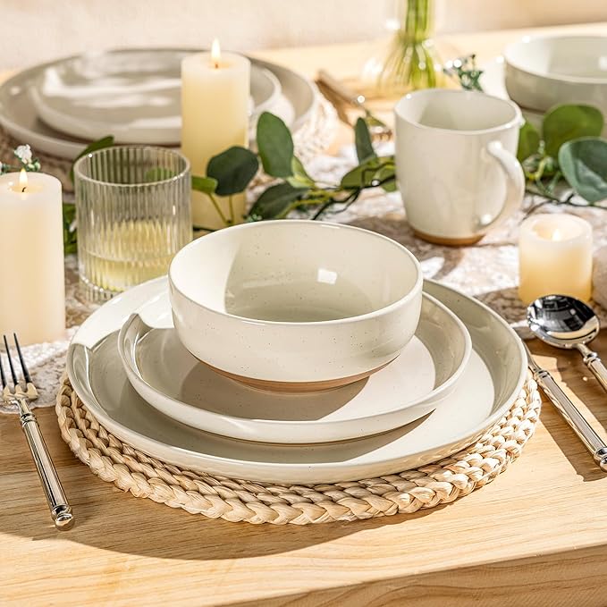 GBHOME 24-Piece Ceramic Dinnerware Set for 6 Handpainted Plates Pasta Bowls &amp Bowls Set with Rustic Terracotta Underside Scratch-Resistant Dishwasher &amp Microwave SafeSpeckled Glaze Beige