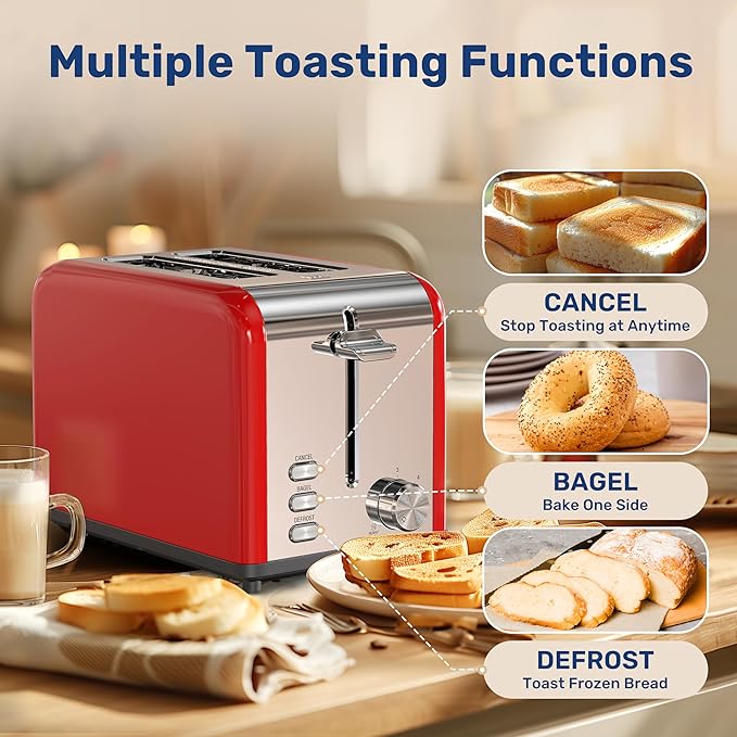 YSSOA 2-Slice Toaster with 6 Browning Setting and 3 Function Extra Wide Slot &amp Removable Crumb Tray Retro Stainless-Steel Style for Bread &amp Waffle Red