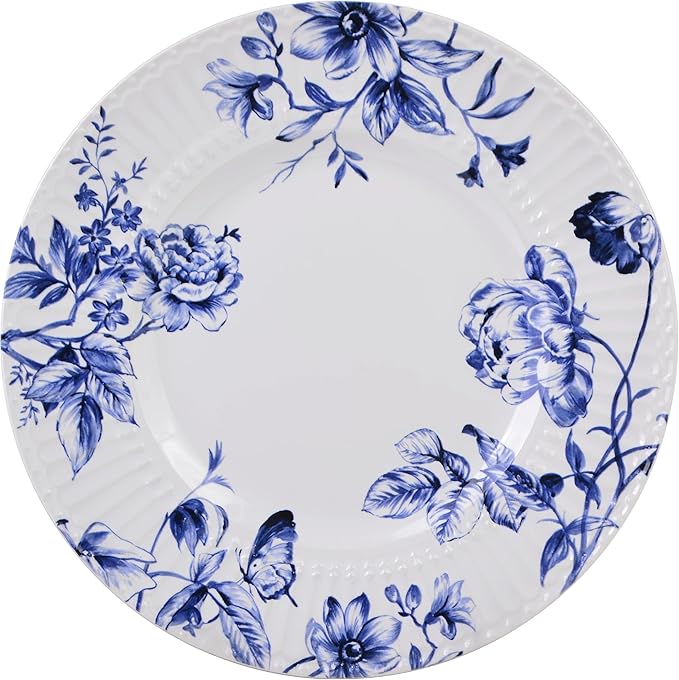222 Fifth 12-Piece Porcelain Dinnerware Set for 4 White &amp Blue Plates and Bowls Set Glossy Ceramic Dish Set with Embossed Toile Pattern Elegant Kitchen Dishes Microwave &amp Dishwasher Safe