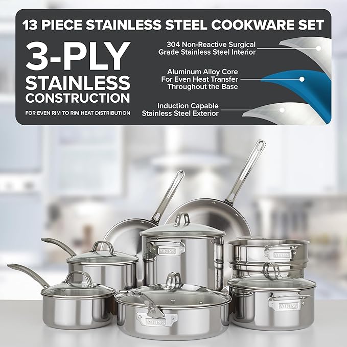 Viking 3-Ply Pots and Pans Set 13 Piece Stainless Steel Cookware Glass Lids Strainer Silver