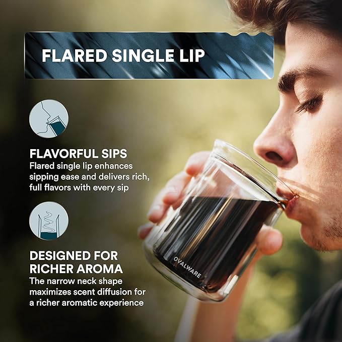 ovalware Pour Over Coffee Dripper Maker Paperless Stainless Steel Filter Precision Measuring Cup and Carafe with Double Wall Single Lip Insulated Glass Minimalistic Double Wall Drinkimg Mug