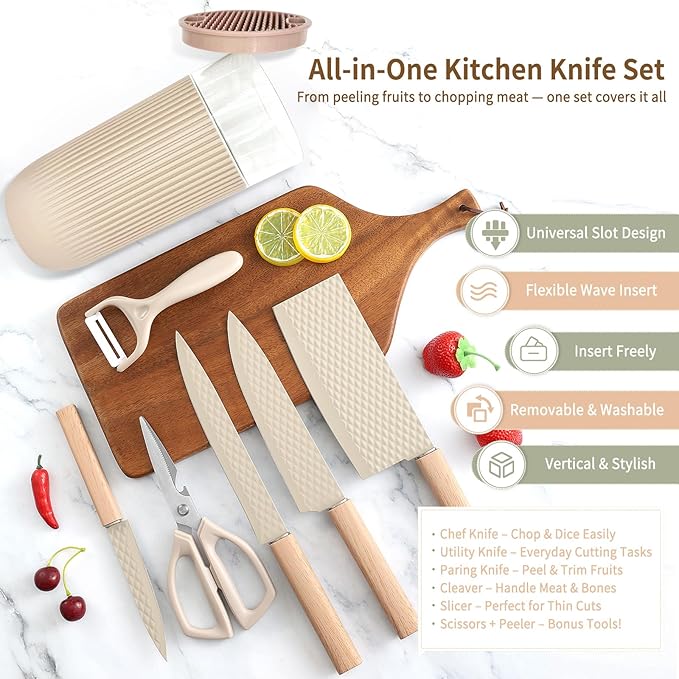 Knife Set 7-Piece Kitchen Knife Set with Sharp Chef and Meat Knives Anti-Rust Utility Knives Set for Kitchen Kitchen Knife Block Set – Khaki