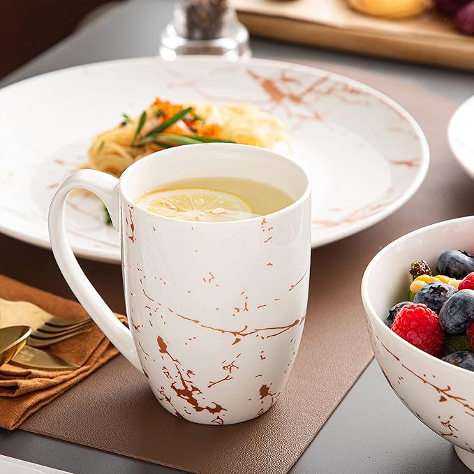 LOVECASA White Dinnerware Sets for 4 16 Piece Porcelain Dish Set Plates and Bowls Sets Gold Splash Glaze Ceramic Dinner Set with Mugs Dishwasher Microwave Safe