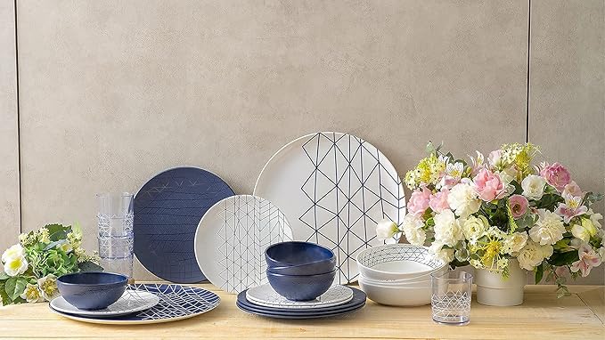 bzyoo BPA-Free Dishwasher Safe 100% Melamine Plate &amp Bowl Set for Casual dining Indoor and Outdoor Dining Party (12 PCS Dinnerware set 6pc Tumbler Bundle Set Spidy French Navy)