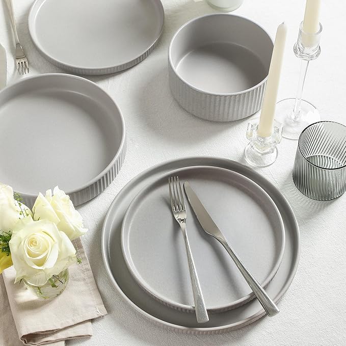 Stone Lain Haven Stoneware 16-Piece Dinnerware Set Plates and Bowls Sets for 4 Grey Dish Set Includes Dinner and Salad Plates Cereal Bowls Glassware Microwave &amp Dishwasher Safe