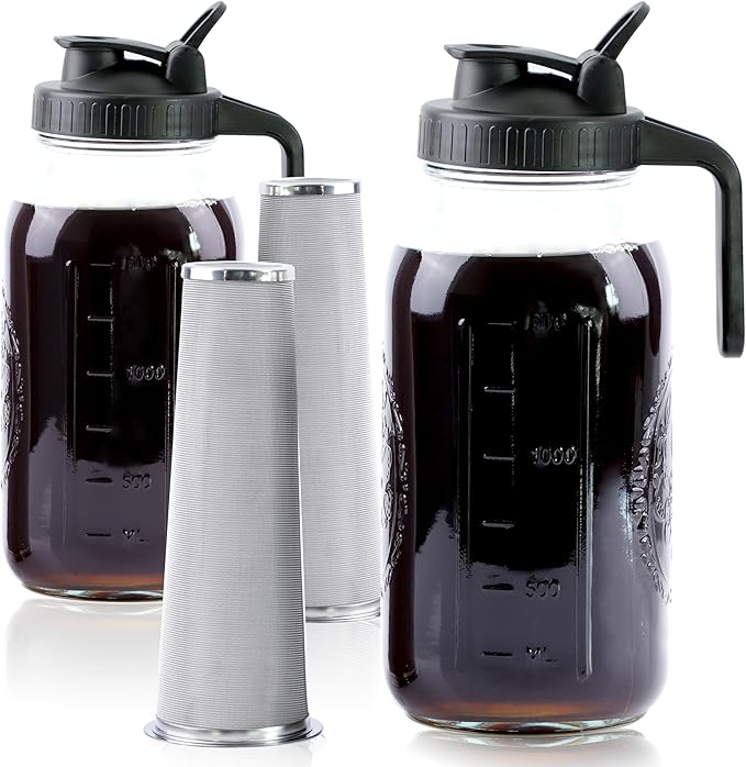 Cold Brew Coffee Maker 64 Oz Mason Jar Iced Coffee Maker 2 Set Half Gallon Glass Pitcher With Pour Spout Lids 2 Quart Wide Mouth Cold Brew Pitcher With Strainer For Fridge Lemonade Cold Brew Milk