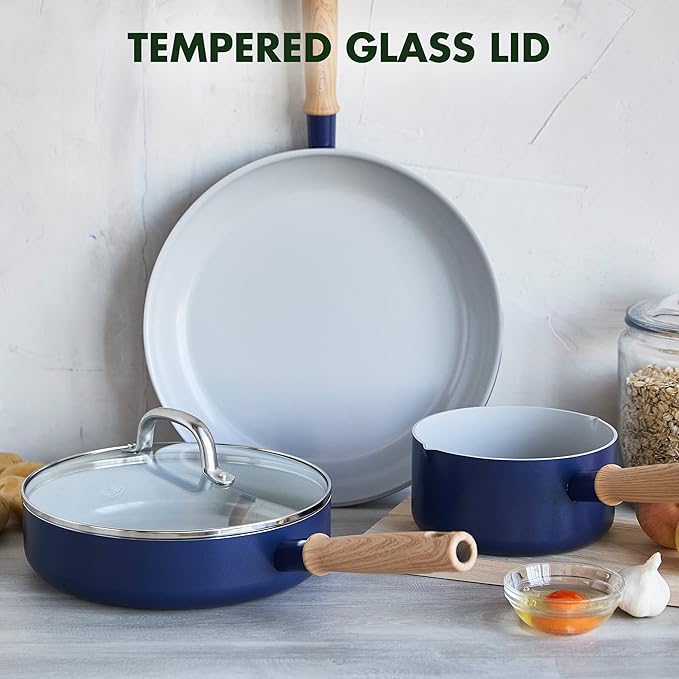 GreenPan Hudson Healthy Ceramic Nonstick 4 Piece Cookware Pots and Pans Set Vintage Vintage Wood Inspired Handle PFAS-Free Dishwasher Safe Navy Blue