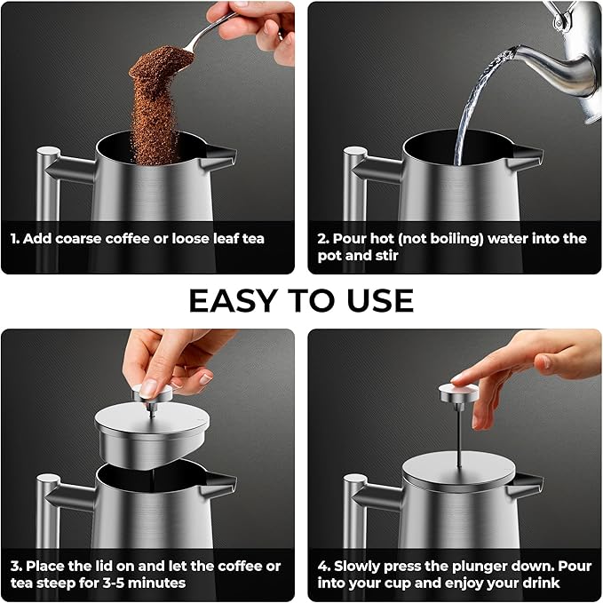 French Press Coffee Maker Stainless Steel French Press 34 Oz / 1L Large Insulated Double Wall Coffee Maker with 3 Extra Mesh Filters Satin Finish Silver