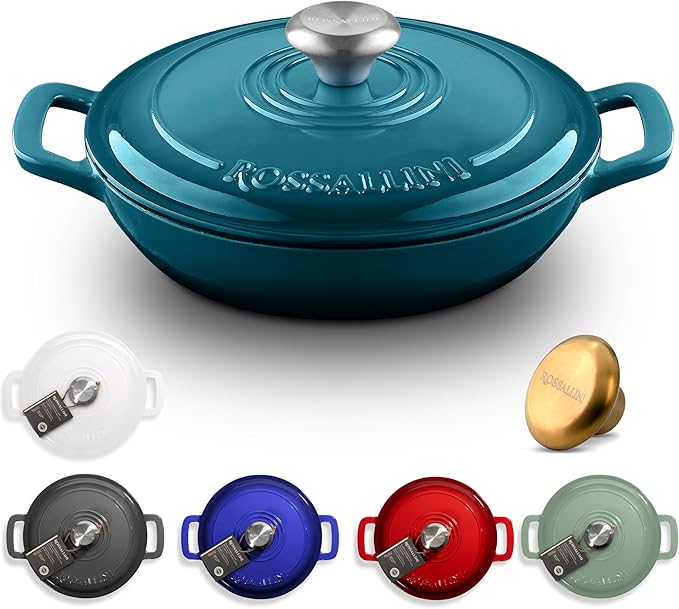 Signature Enameled Cast Iron Braiser Non-Stick Serving Pot with Tight Fitting Lid for Perfect Roasting Baking Sauteing Searing and Pan Frying | 1.5Q (1.4L) - Ocean Blue