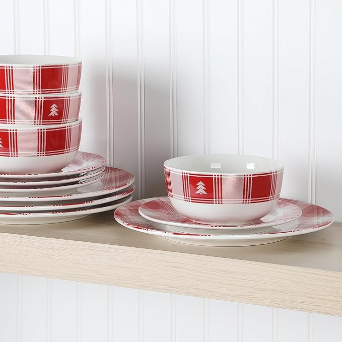 Martha Stewart Christmas Plates 12 Piece Decorated Red and White Stoneware Dinnerware Set