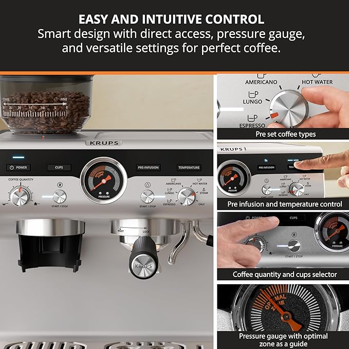 KRUPS Precision Espresso Coffee Machine with Grinder Latte &amp Cappuccino Maker Pump Pressure + Milk Frother Steam Wand Adjustable Grind Settings for Barista-Quality Results Stainless Steel &amp