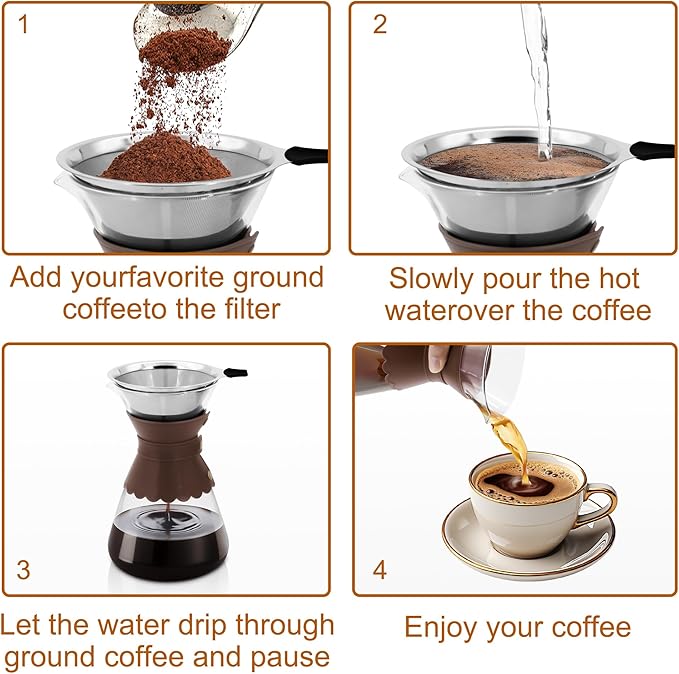 34oz Pour Over Coffee Maker with Double Layer Stainless Steel Filter Borosilicate Glass Dripper Detachable Heat-Resistant Leather Pad 7-8 Cups Coffee Maker Carafe（Dark brown）