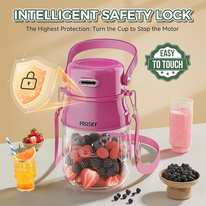 Portable Blender Prasky Personal Blenders for Shakes and Smoothies with 31oz Cup Lid and Shoulder Strap Type-C USB Rechargeable Personal Size Blenders BPA-free for Travel/Kitchen(Rose Red)