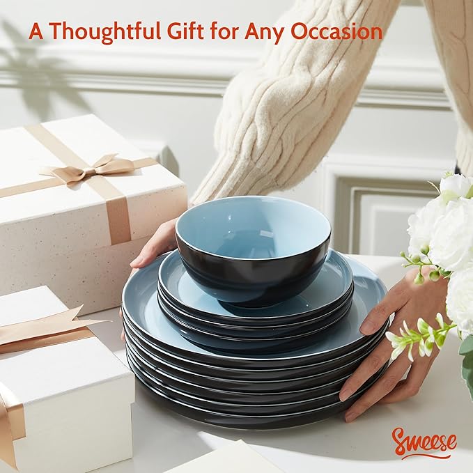 Sweese Porcelain Dinnerware Set of 6 Lightweight Round Plates and Bowls Set - Dishwasher Microwave Oven Safe Scratch Resistant Dinner Sets Kitchen Dishes Set Black &amp Blue