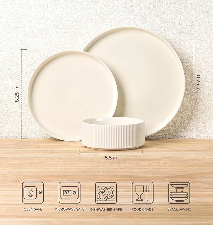 TheTerra Ceramic Dinnerware Sets for 8 24 Pieces Porcelain Lightweight Plates and Bowls Sets Scratch Resistant Dish Set Oven &amp Microwave &amp Dishwasher Safe Beige