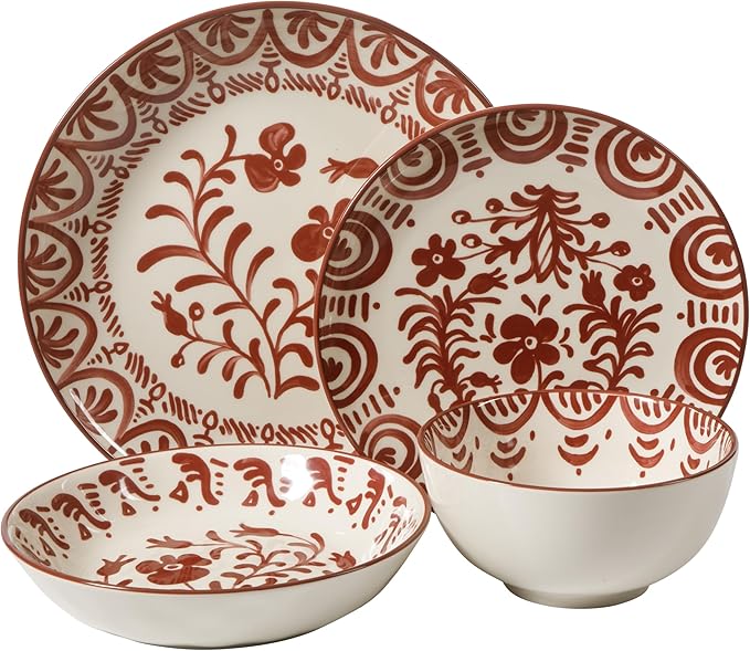 Bloomhouse - 2-Time Oprah’s Favorite Things - Valencia Flor 16 Piece Dinnerware Set Artisanal Decorated Stoneware Plates &amp Bowls Service for 4 Microwave &amp Dishwasher Safe Pomegranate Red