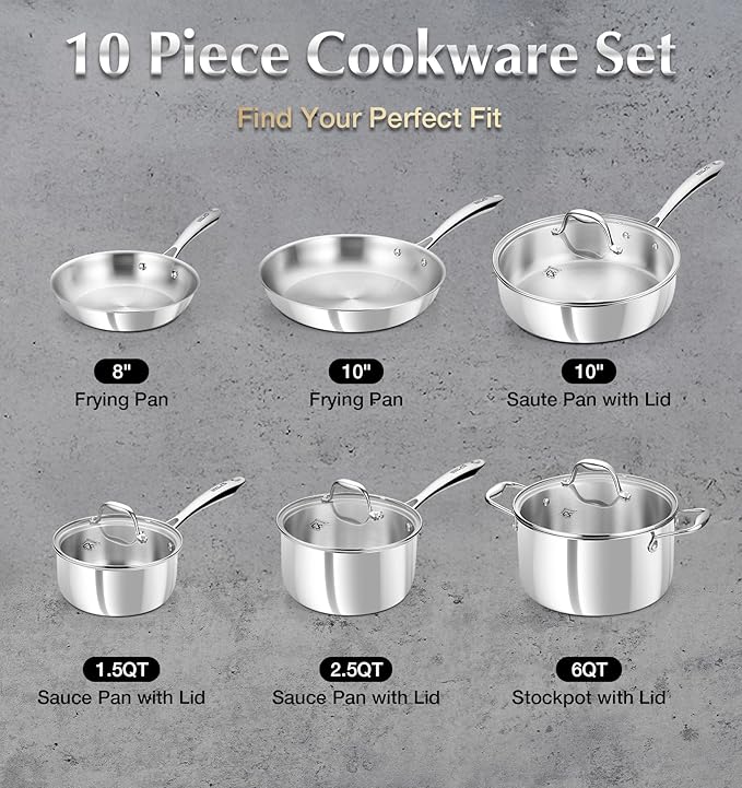 KOCH SYSTEME CS Tri-Ply Stainless Steel Cookware Set 10 Piece Professional 18/10 Stianless Steel Pots and Pans Set Oven &amp Induction Safe Non-Toxic Kitchen Cookware Set for Family Cooking 10pcs