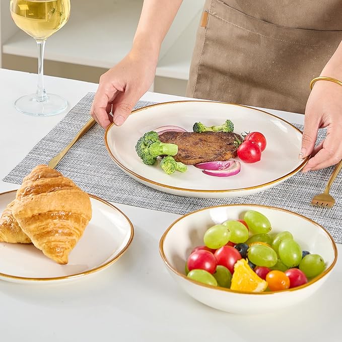 Bestone 12 Pieces Round Kitchen Dinnerware SetsPlates and Bowls SetsDishes Plates Bowls Dish Set Chip Resistant Ceramic Dinnerware Set Dishwasher/Microwave SafeService for 4Pearl White
