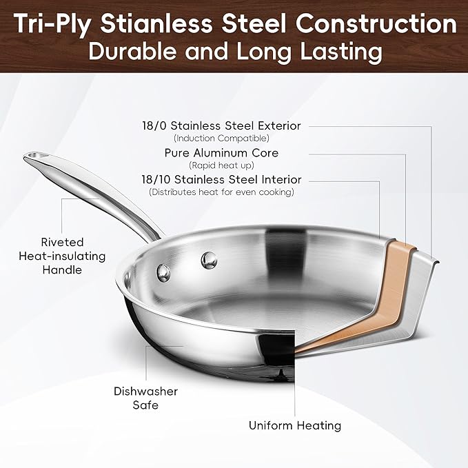 Tri Ply Stainless Steel Cookware Set 16-Piece Stainless Steel Pots and Pans Set with Kitchen Utensils and Steamer Non-Toxic Multiclad Induction Oven Compatible Dishwasher Safe