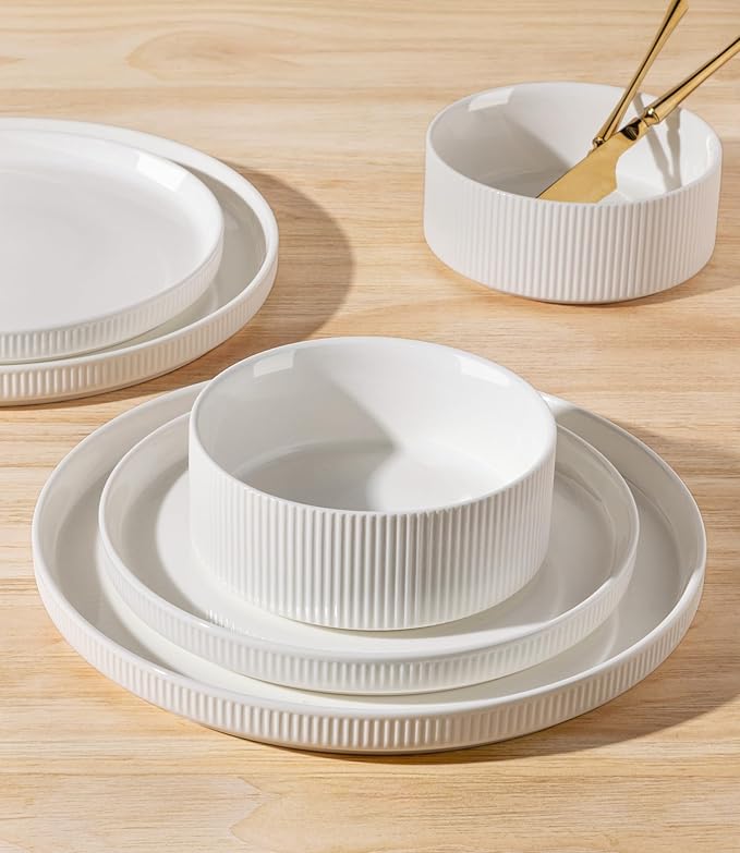 TheTerra Ceramic Dinnerware Sets for 8 24 Pieces Porcelain Lightweight Plates and Bowls Sets Scratch Resistant Dish Set Oven &amp Microwave &amp Dishwasher Safe Bright White