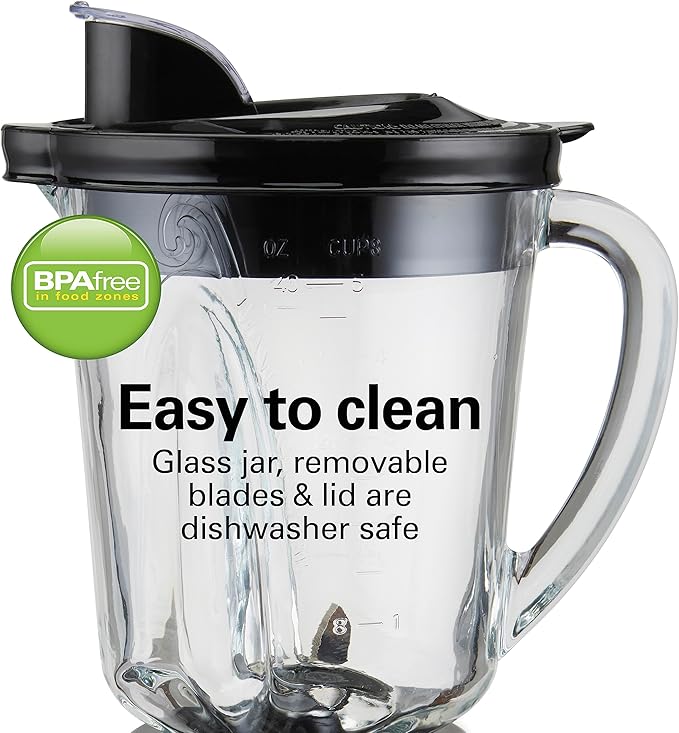 Hamilton Beach Wave Action Blender for Smoothies Stainless Steel Ice Sabre Blades 40oz Glass Jar 800 Watts Quiet Design Black (58175)