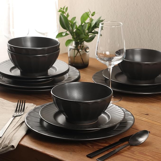 Gibson Elite Winchester Way 12-Piece Embossed Stoneware Dinnerware Set – Reactive Matte Glaze Durable Lightweight-Tech Plates &amp Bowls Everyday Dish Set Microwave &amp Dishwasher Safe – Black