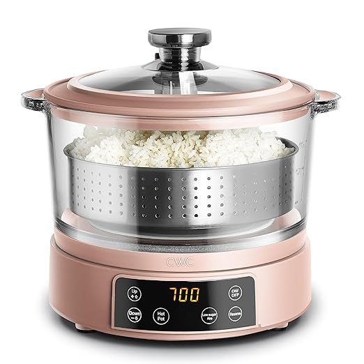 COOK WITH COLOR 3L Glass Mini Low Carb Rice Cooker – Holds 2 Cups Raw/Makes 6 Cups Cooked with Auto Lift Filter Basket Hotpot &amp Steamer for Rice Grains Digital Panel with Keep Warm Dusty Rose
