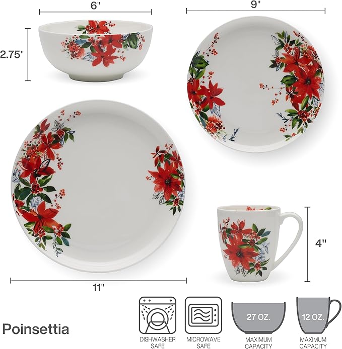 Mikasa Winter Poinsettia Holiday Bone China Lightweight Chip Resistant Dinnerware Set Service for 4
