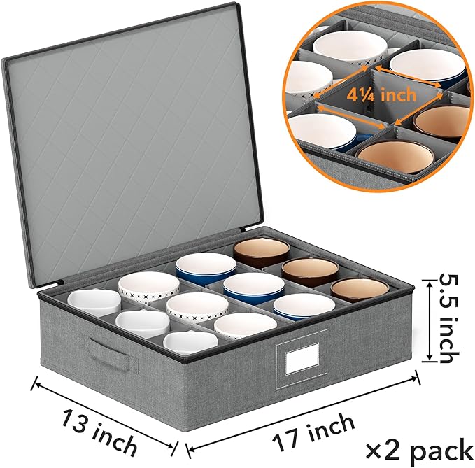 SpaceAid Cup and Mug Storage Organizer 2 Pack China Storage Containers Hard Shell Quilted Cases with Soft Plate Separators Moving Supplies Packing Boxes for 24 Tea Cups or Coffee Mugs (Grey)