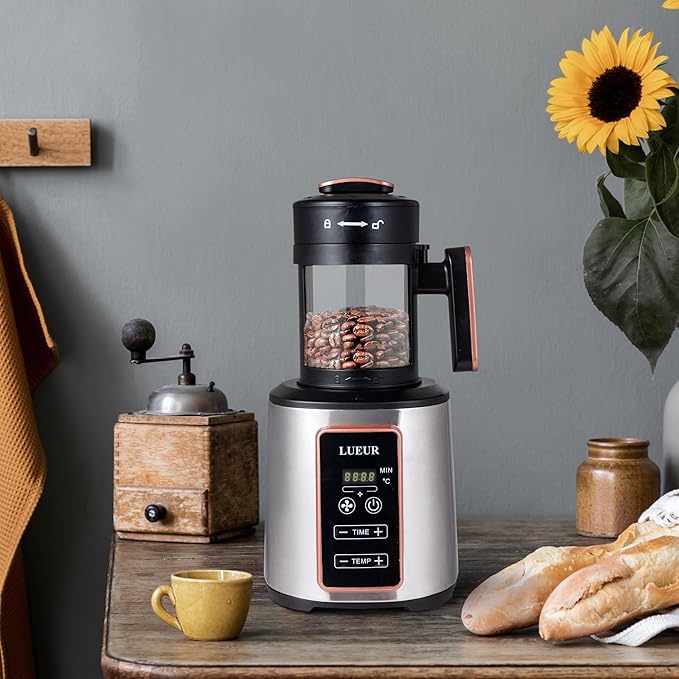LUEUR Electric Coffee Bean Roaster Machine for Home Use 1500W Hot Air Coffee Roaster with Adjustable Timer Variable Heat &amp Air Fan Settings Chaff Collection Basket 100g Capacity
