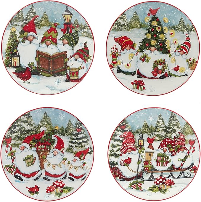 Christmas Gnomes 16 Piece Dinnerware Set Service for 4 Blue Multi Color Red Holiday Casual Round Ceramic Dishwasher Safe Microwave