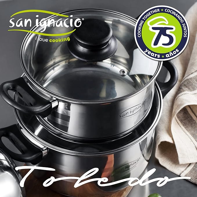Kitchen Battery 8 Pieces SAN IGNACIO Toledo Stainless Steel with pan Set (20/24/28 cm) and Grill 28 cm SAN IGNACIO Moma in Forged Aluminum