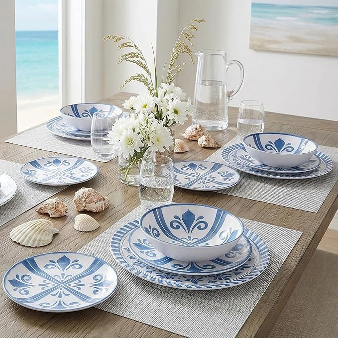 Melamine Dinnerware Sets for 4 12-Piece Plates and Bowls Sets - 4 Dinner Plates 4 Salad Plates 4 Cereal Bowls - Shatterproof &amp Lightweight for Indoor/Outdoor Dining Embossed Textures