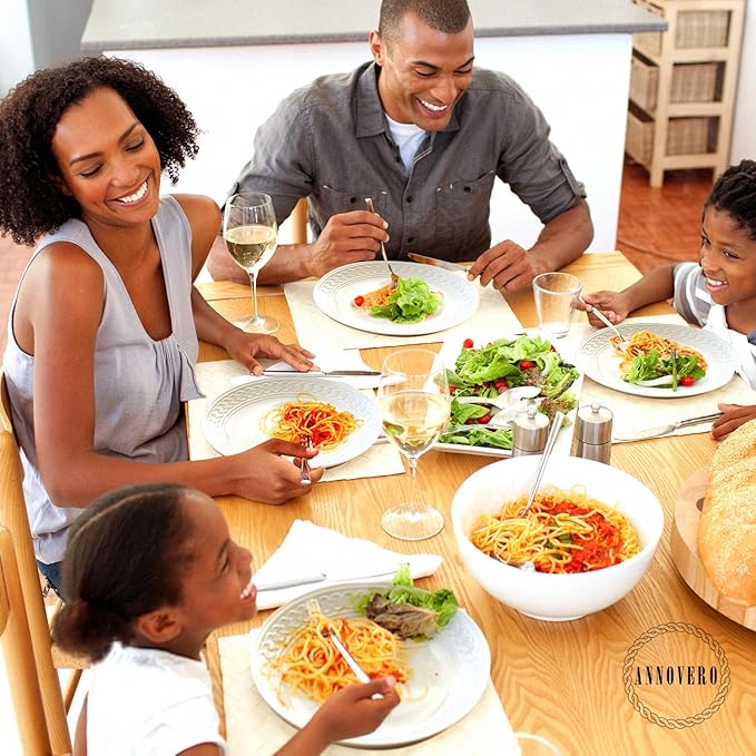 Annovero Plates and Bowls Sets - Dishes Set for 4 - Microwave Safe - 12 Piece Porcelain Dinnerware for Kitchen - Includes 4 Dinner &amp 4 Appetizer Plates 4 Cereal Bowls - Zero Lead &amp Cadmium