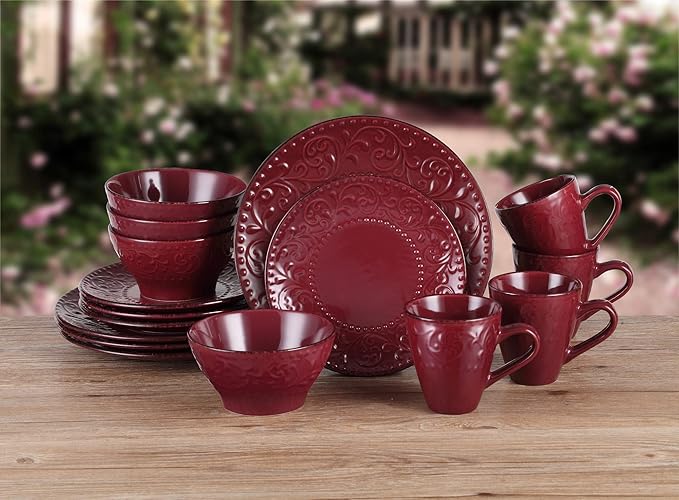 Lorren Home Trends 16 Piece Stoneware Scroll Dinnerware Set-Red