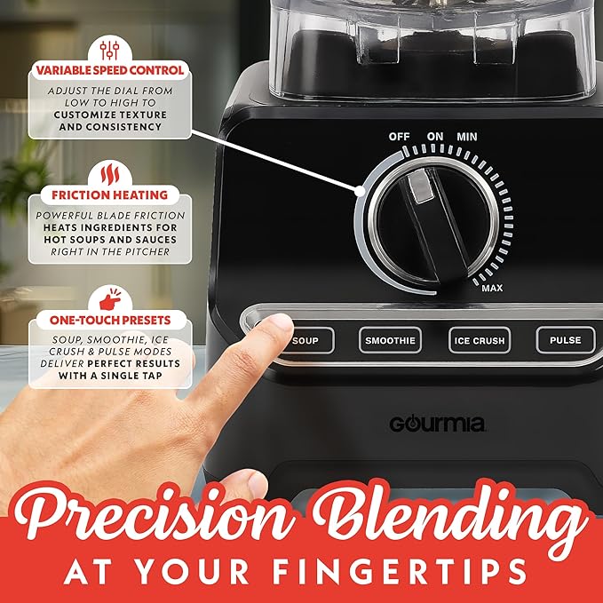 Gourmia Countertop Commercial Blender – 2L BPA-Free Pitcher 4 Presets 1500W High-Speed Motor 45000 RPM Variable Speed Dial Built-In Tamper Dishwasher-Safe Parts Black
