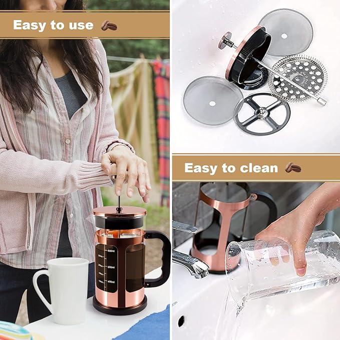 French Press Coffee Tea Maker Upgrade Heat Cold Resistant Thickened Glass with 4 Level Stainless Steel Filtration System Brew Coffee &amp Tea BPA Free Large 1000ml 34oz Rose Gold