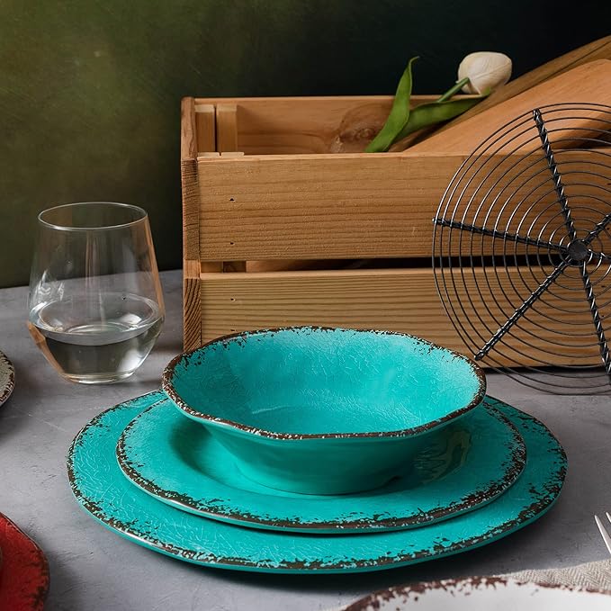 LEHAHA BPA Free Rustic Melamine Plate and Bowl Dinnerware Set Perfect for Indoor Outdoor Dining Party Camping 12 Piece Unbreakable Dinnerware Set Service for 4