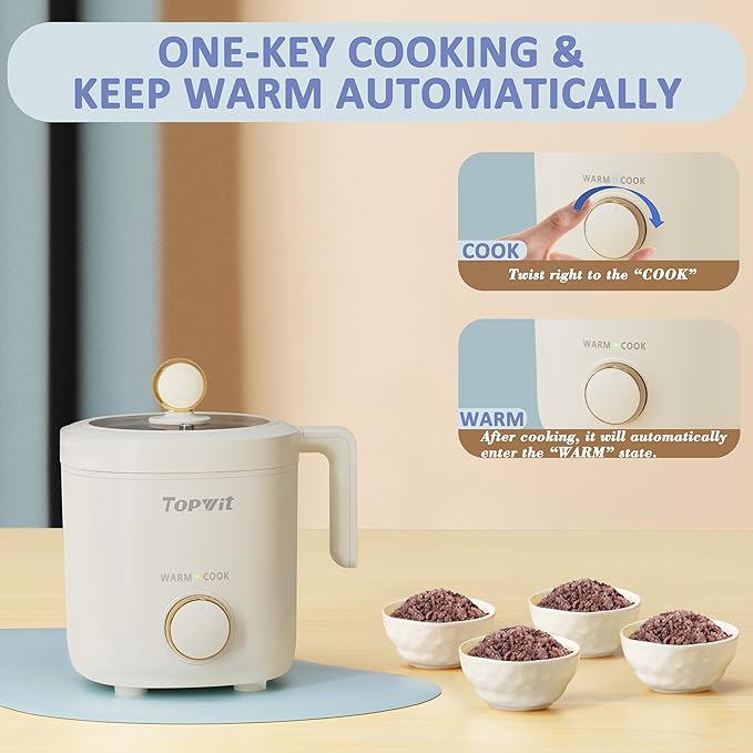 TOPWIT Rice Cooker Small Mini Rice Cooker 2 Cups Uncooked 1.2L Portable Rice Maker with Non-stick Coating BPA Free One Touch &amp Keep Warm Function Beige