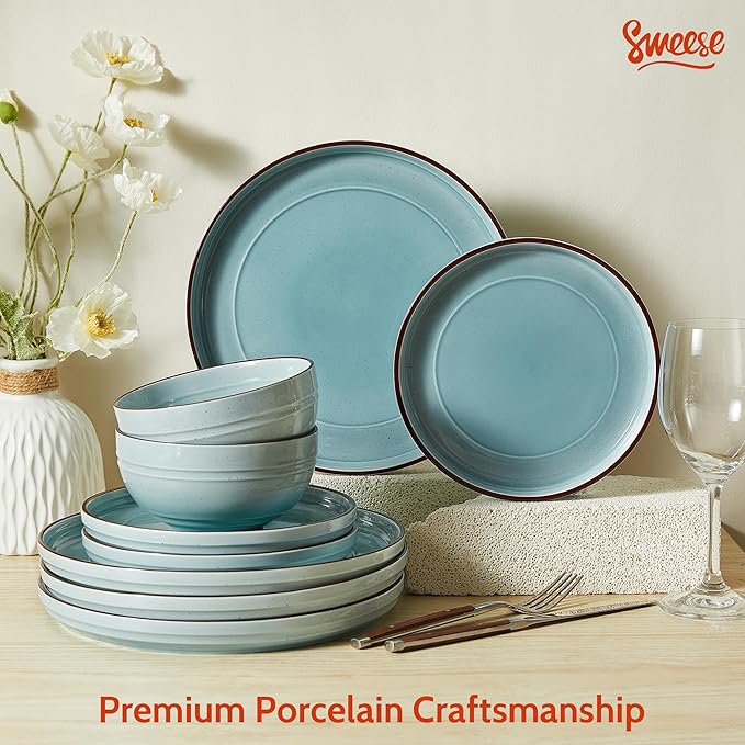 Sweese Plates and Bowls Sets Porcelain Dinnerware Sets for 6 18 pcs Handcrafted Glaze Embossed Dinner Set Scratch Resistant Dishware Dishwasher Oven Microwave Safe Ceramic Dish Set Gradient Blue
