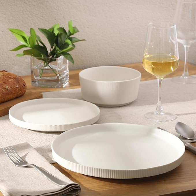 Gibson Home Dempsey Road 12-Piece Stoneware Dinnerware Set – Service for 4 Round White Plates and Bowls Durable Solid Color Modern Embossed Dish Set Microwave &amp Dishwasher Safe