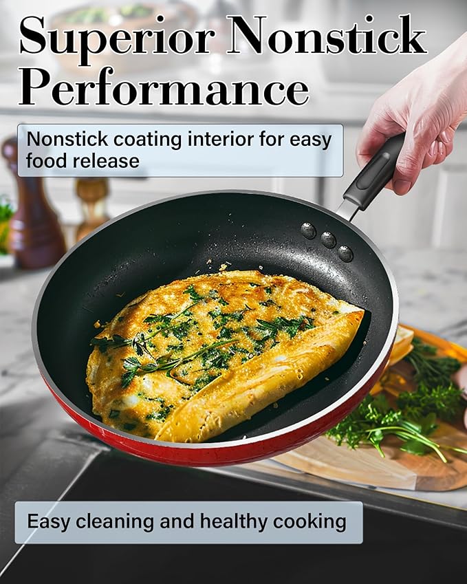Cook N Home Pots and Pans Nonstick Cookware Set 10-Piece Belly Shape Kitchen Cooking Set with Frying Pans and Saucepans Induction Compatible Marble Red