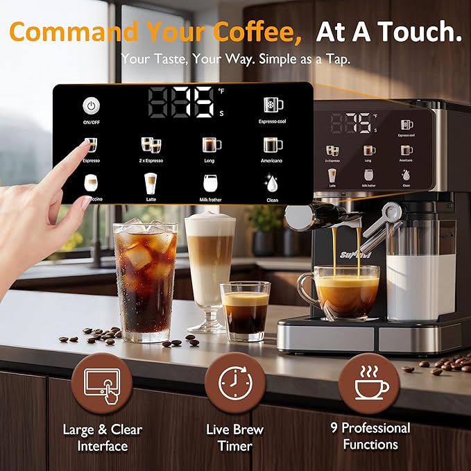 SUNVIVI Espresso Machine with Cold Brew All-in-one Iced Coffee Maker with Automatic Milk Frother LED Touchscreen 51OZ Water Tank Pressure Coffee Machine for Latte Cappucinno Self-clean Black