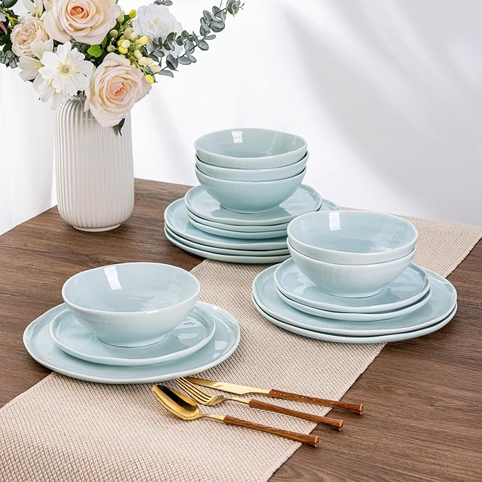 LERATIO Ceramic Dinnerware Sets for 6Porcelain Plates and Bowls Sets with Wavy EdgeMicrowave &amp Dishwasher &amp Oven SafeLight Weight &amp Scratch Resistant Dishes Sets-Light Blue(18pcs)