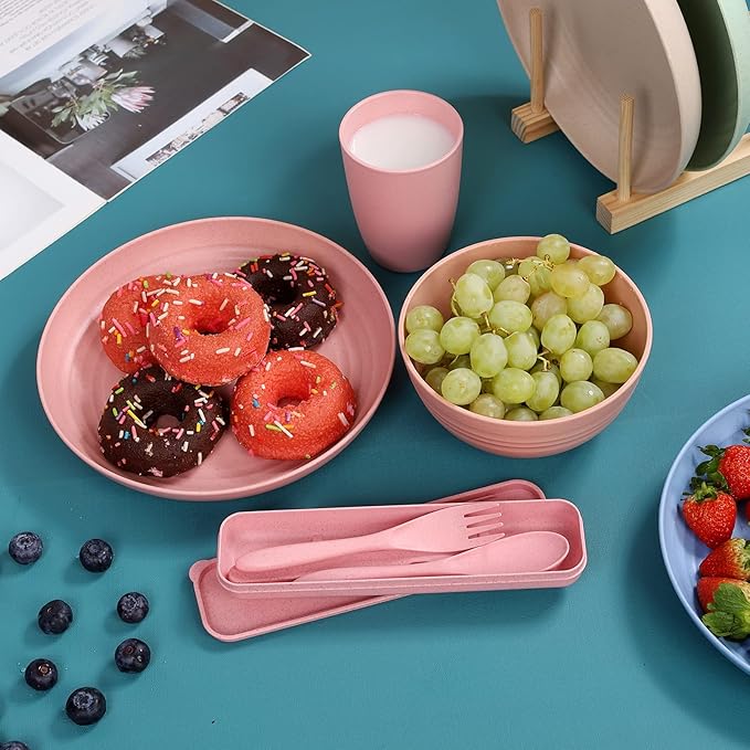 Wheat Straw Dinnerware Sets for 4 Wheat Straw Plates and Bowls Sets Kitchen Dishes 28pcs College Dorm Room Essentials Cutlery Set Microwave Safe (Colorful)