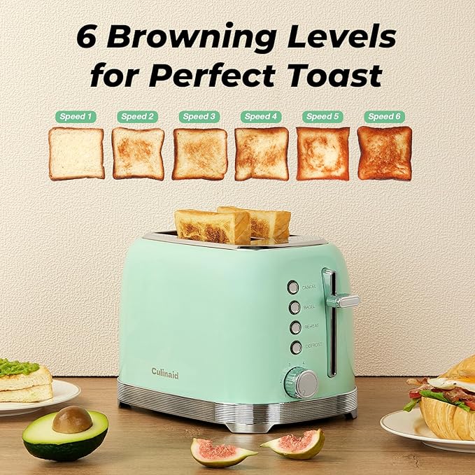 Toaster 2 Slice Retro Stainless Steel with 1.5” Extra Wide Slots Bagel Defrost Reheat Cancel Functions 6 Bread Shade Settings Removable Crumb Tray Aqua Green