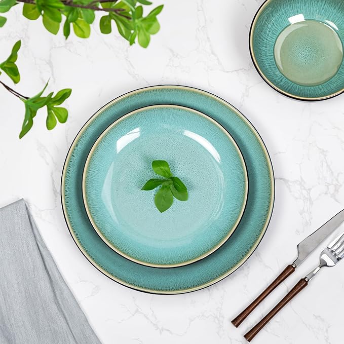 Plates and Bowls Sets for 4 - CJDC-QUELO 16-Piece Stoneware Dinnerware Sets Ceramic Dishware Set for Kitchen Use and Formal Dining Chip and Scratch Resistant Microwave Dishwasher Safe Green