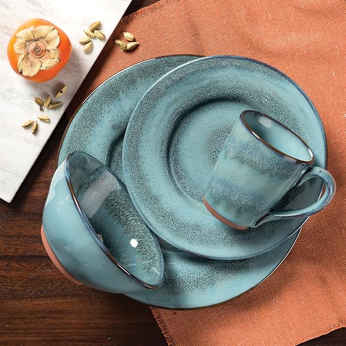 Sango 16-Piece Stoneware Dinnerware Set for 4 Glossy Blue &amp Green Coffee Mugs Plates and Bowls Sets with Reactive Glaze Ceramic Dish Set Elegant Dishes Microwave &amp Dishwasher Safe Toren