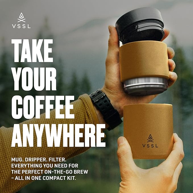 VSSL - Nest Pour Over Coffee Set | Coffee Maker for Camping | All-In-One Travel Pour Over | Transportable Dripper 10oz Stainless Steel Travel Mug | Compact Storage &amp Adventure Ready | Sahara